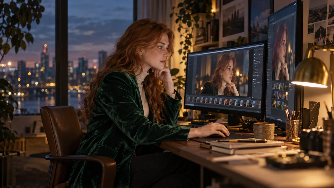 A creator at blue hour works between a wide and a vertical monitor, both showing her framed shot