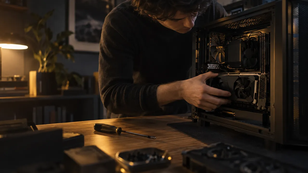 A creator fits an ordinary graphics card into an open PC case