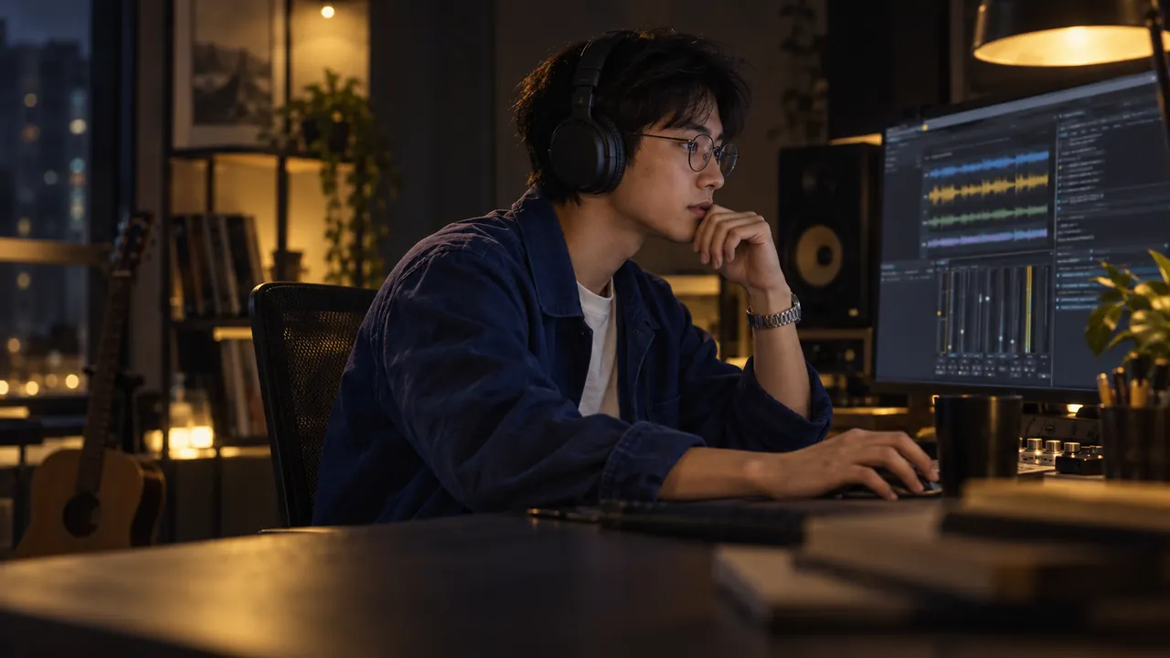 An editor in headphones works through separate audio tracks on his monitor at night
