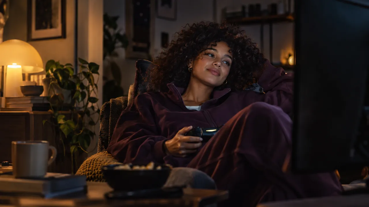 A gamer in a plum tracksuit jacket leans back with her controller as the lights dim for a film
