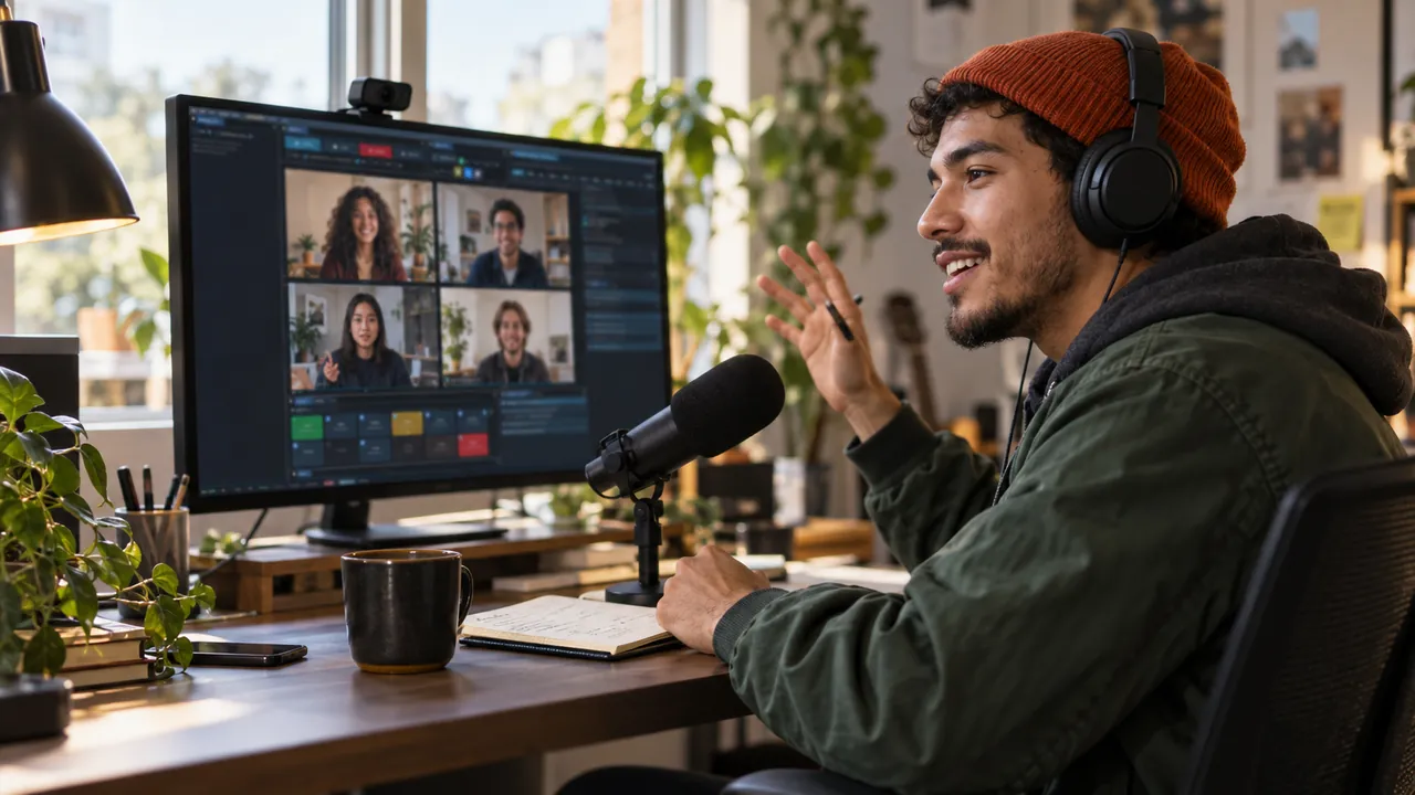 A host in an orange beanie moderates four remote guests shown in the deck