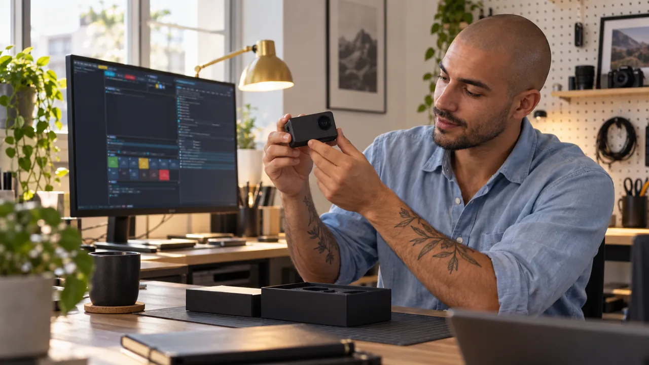 A tech reviewer turns a small gadget toward the camera at a bright desk