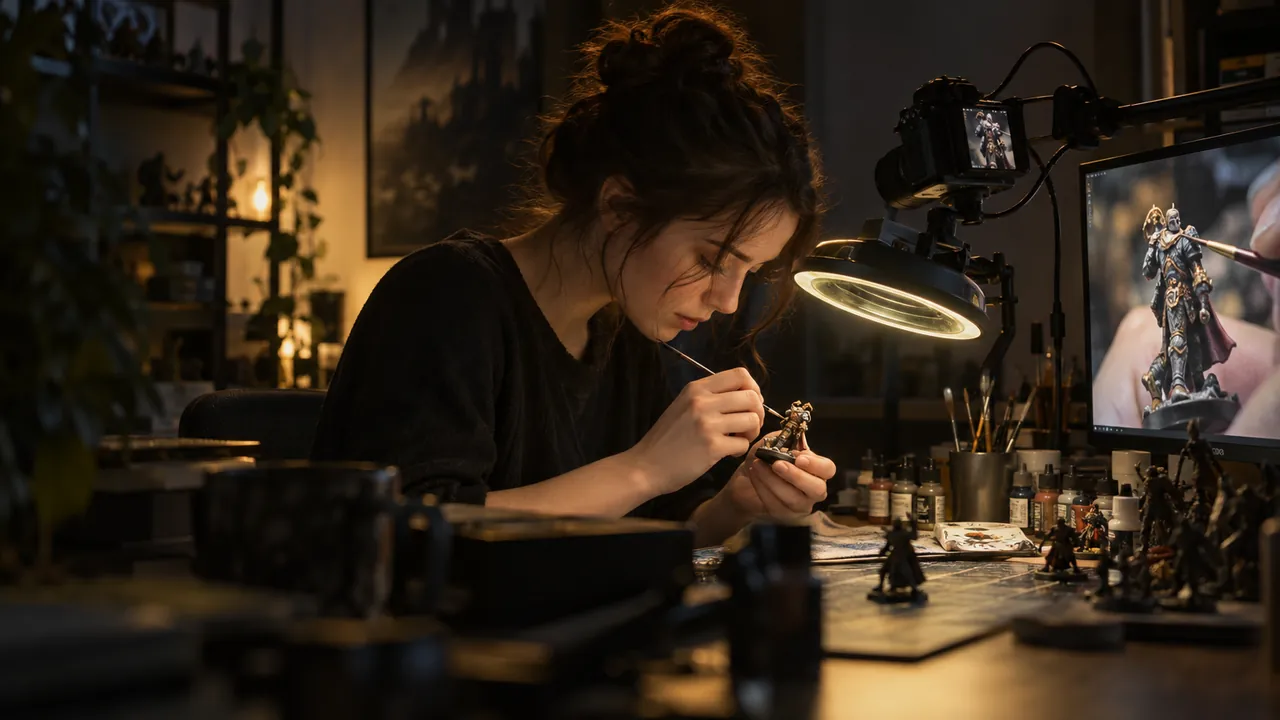 A miniature painter works under a magnifier lamp while a camera on an arm captures every stroke
