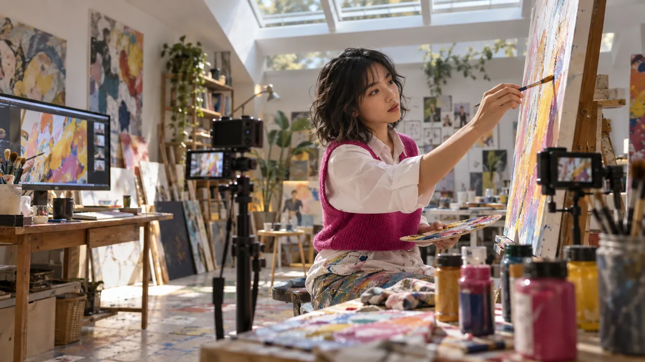 A painter in a fuchsia vest works at an easel under a skylight while two small cameras film the canvas
