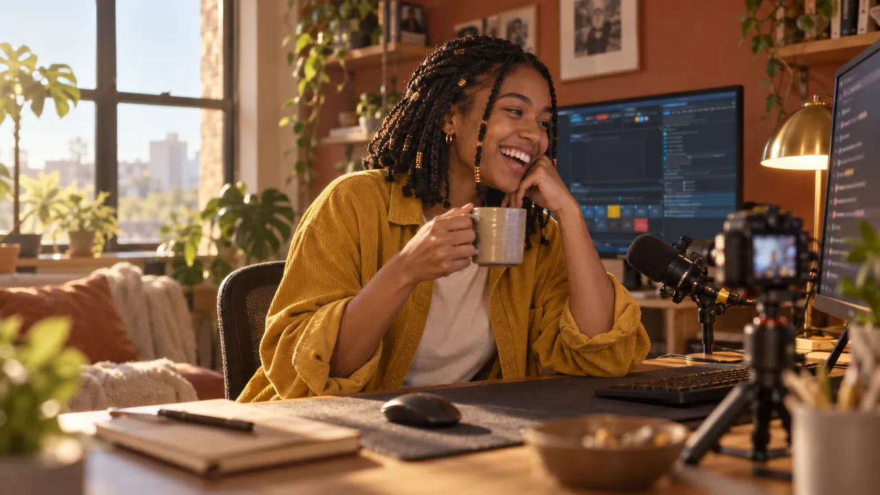 A streamer with a cup of tea laughs at chat in a sunny room with a terracotta wall