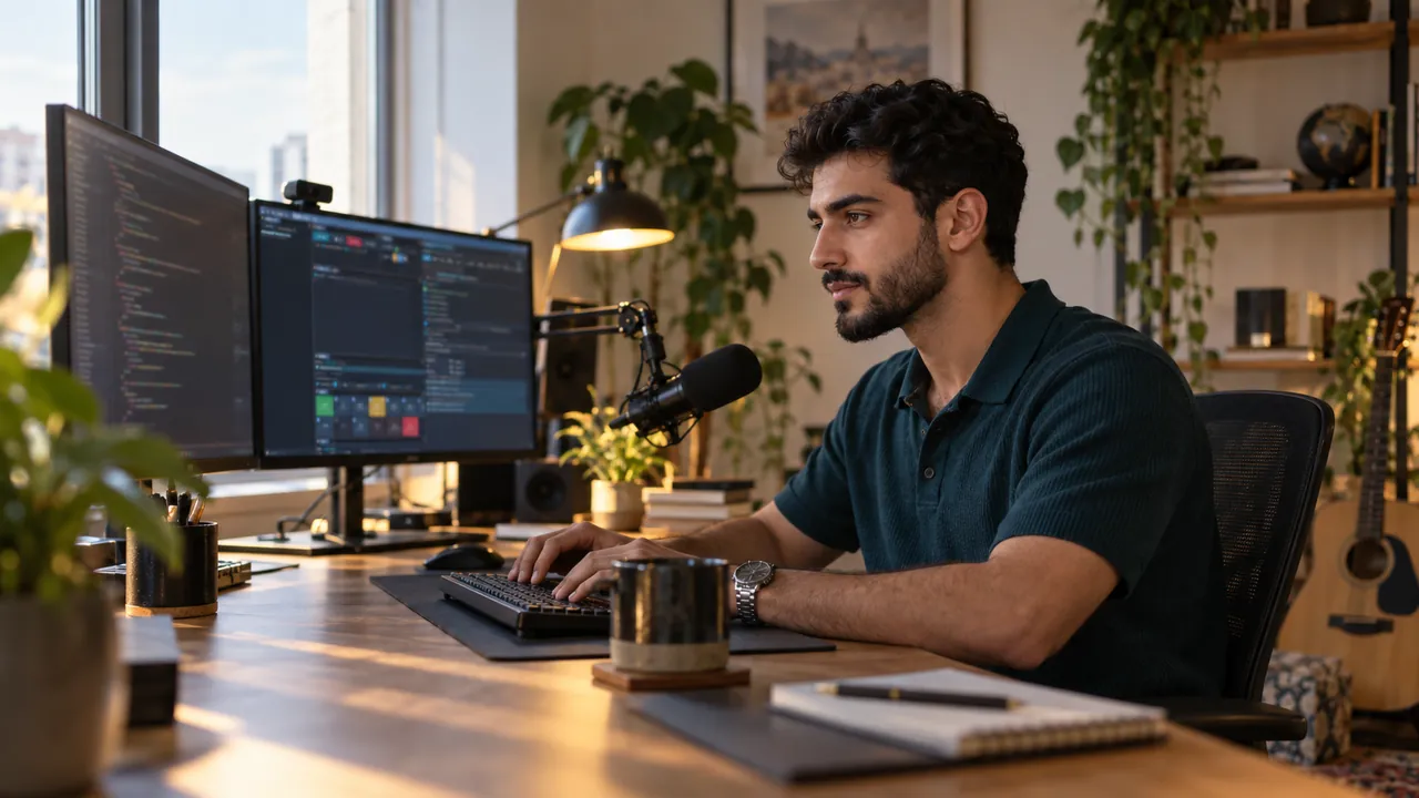 A developer in a teal polo streams a coding session in morning light