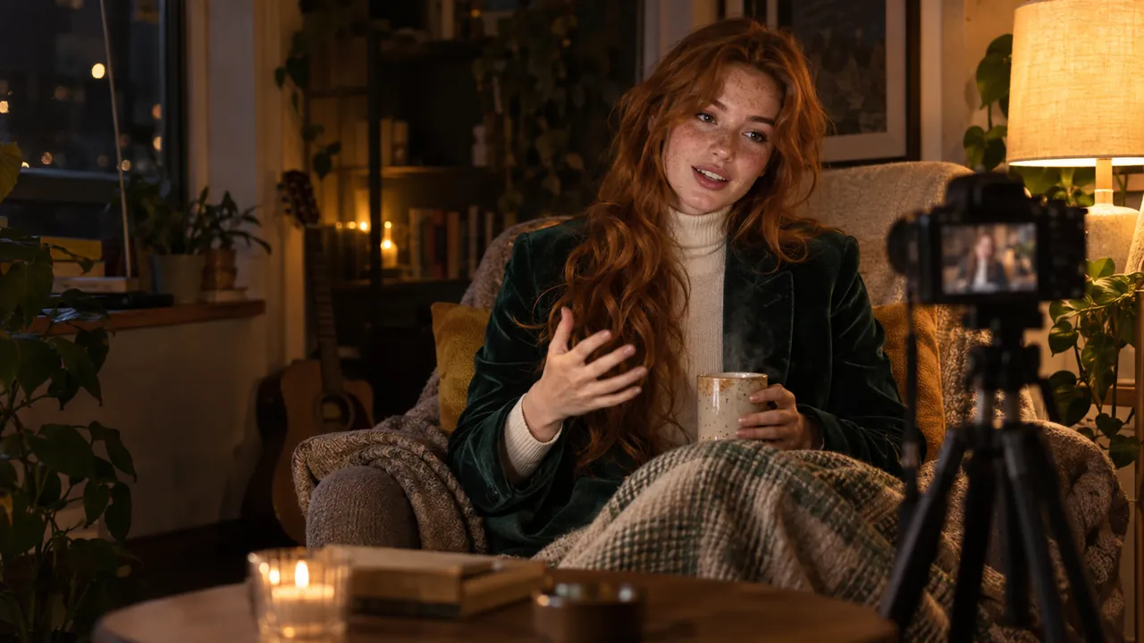 A streamer wrapped in a blanket talks calmly to a small camera from an armchair at night