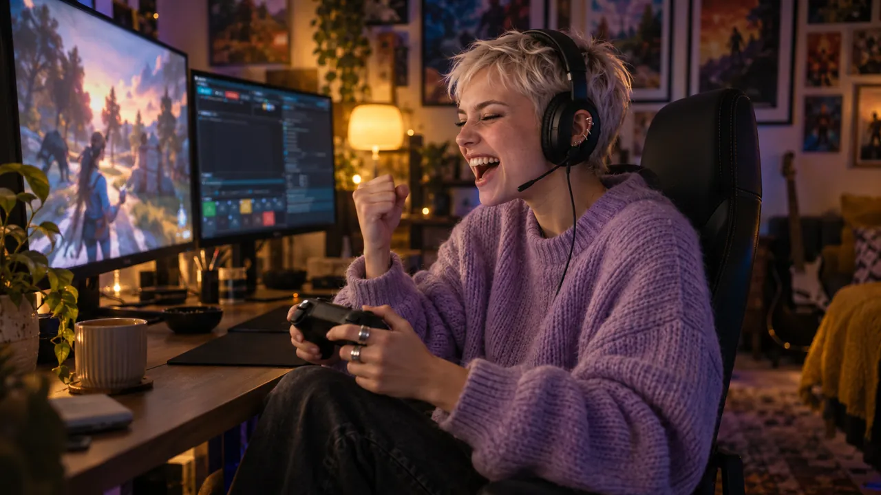 A gamer in a lilac sweater laughs at a win with her controller in hand