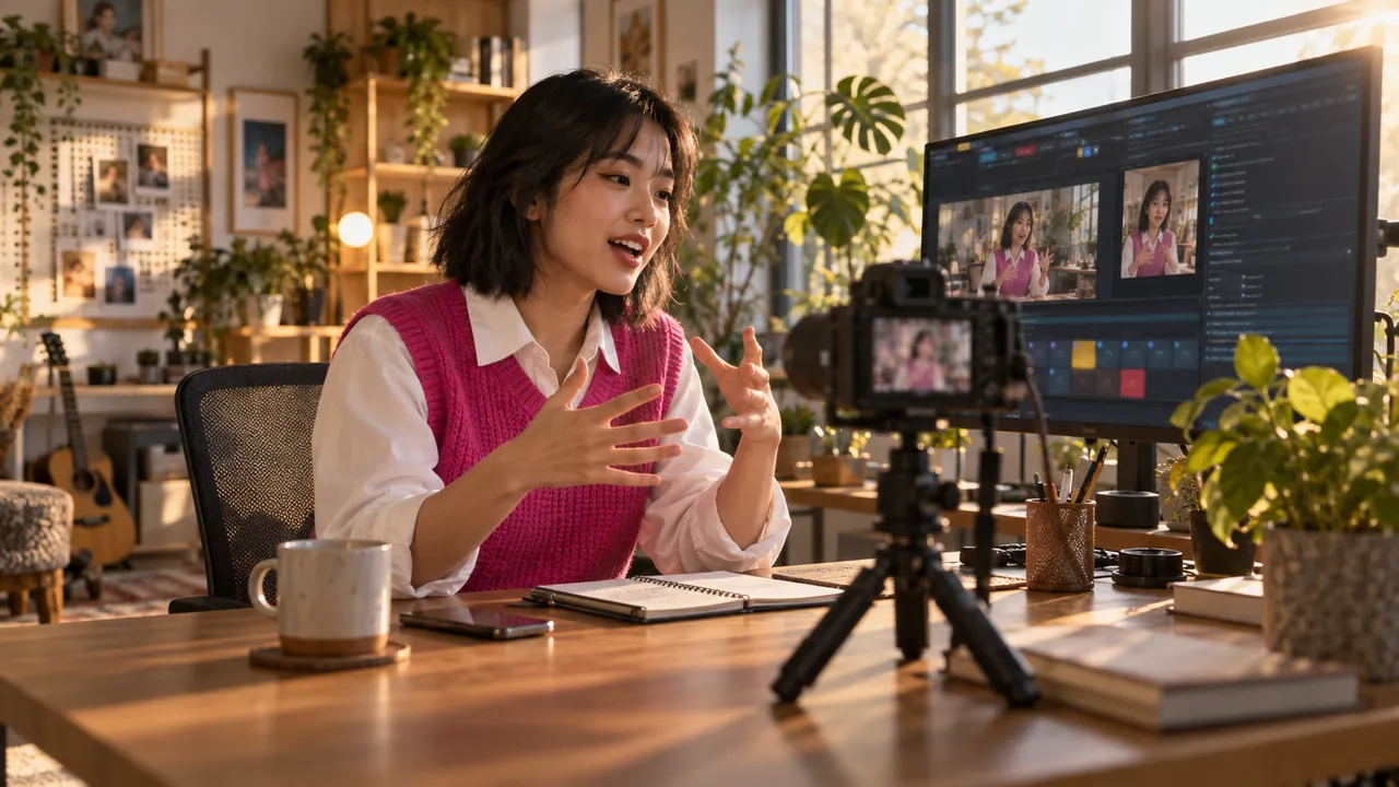 A creator in a fuchsia vest explains something to camera in a sunny studio, the deck showing her wide and vertical masters