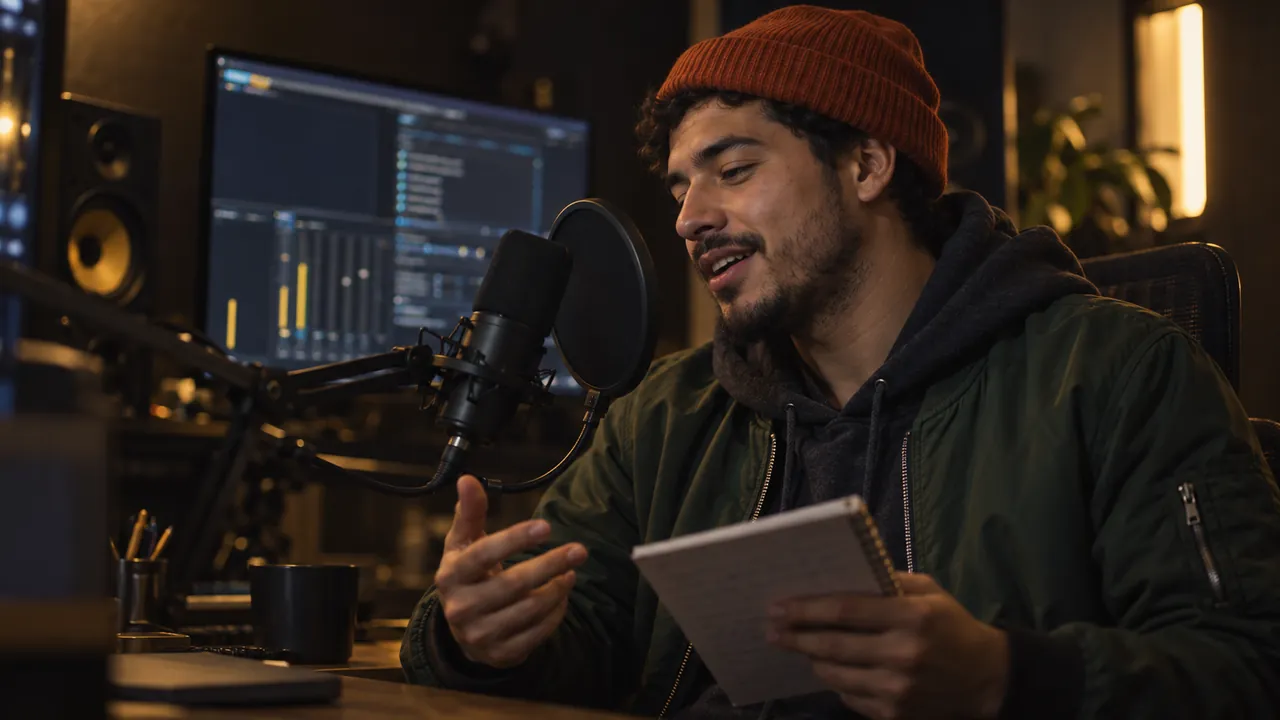 A host in an orange beanie speaks into a microphone with a pop filter, notes in hand
