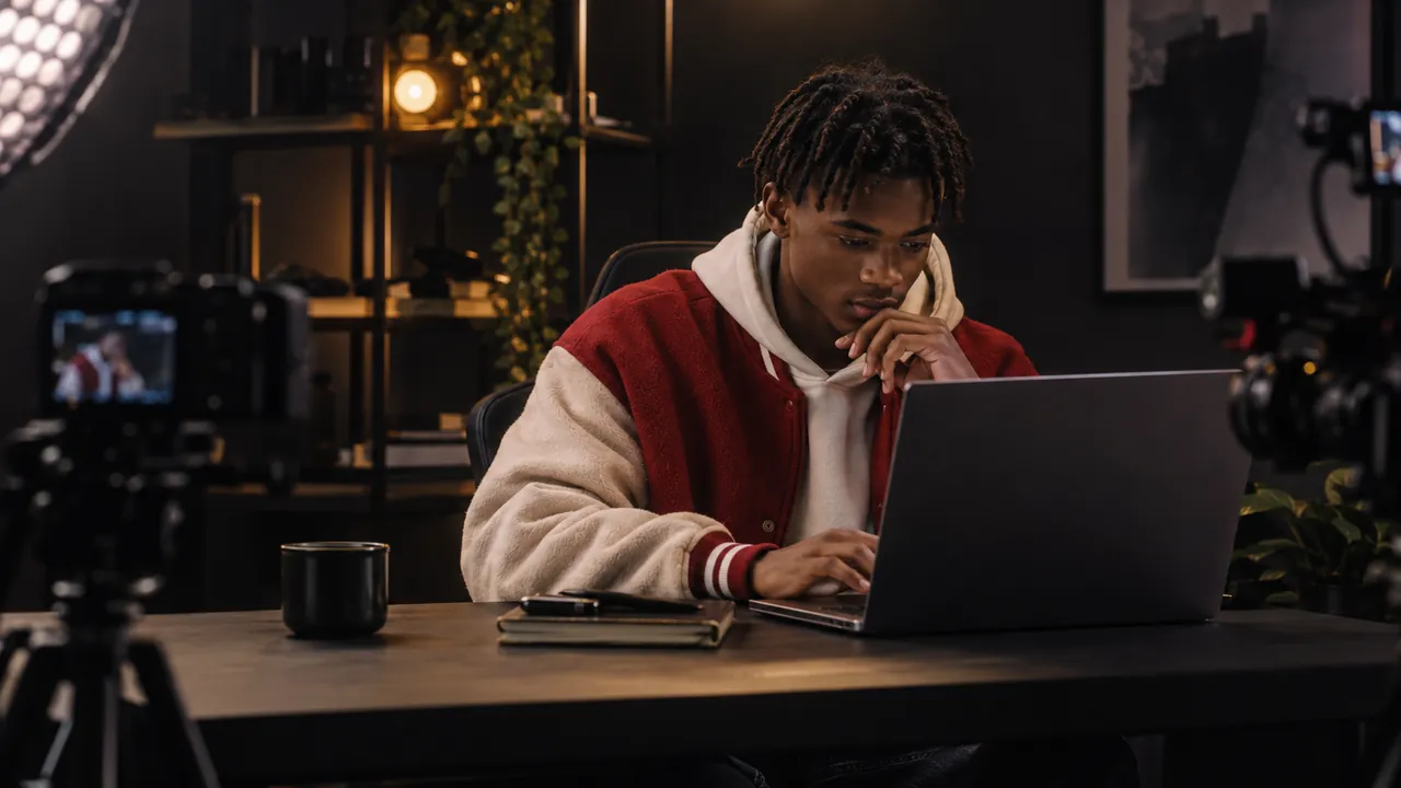 A creator in a red bomber jacket works alone at a desk lit like a small TV set