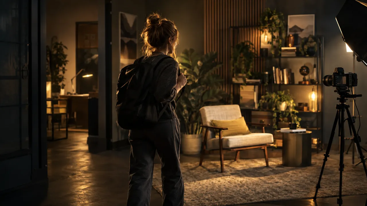 A creator walks into a softly lit set that is already finished, an armchair waiting in the light