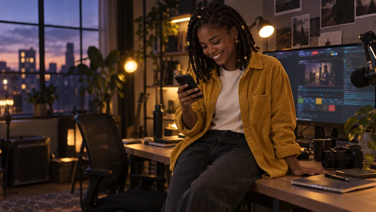 A creator in a mustard overshirt sits on her desk at dusk and scrolls her finished vertical clip