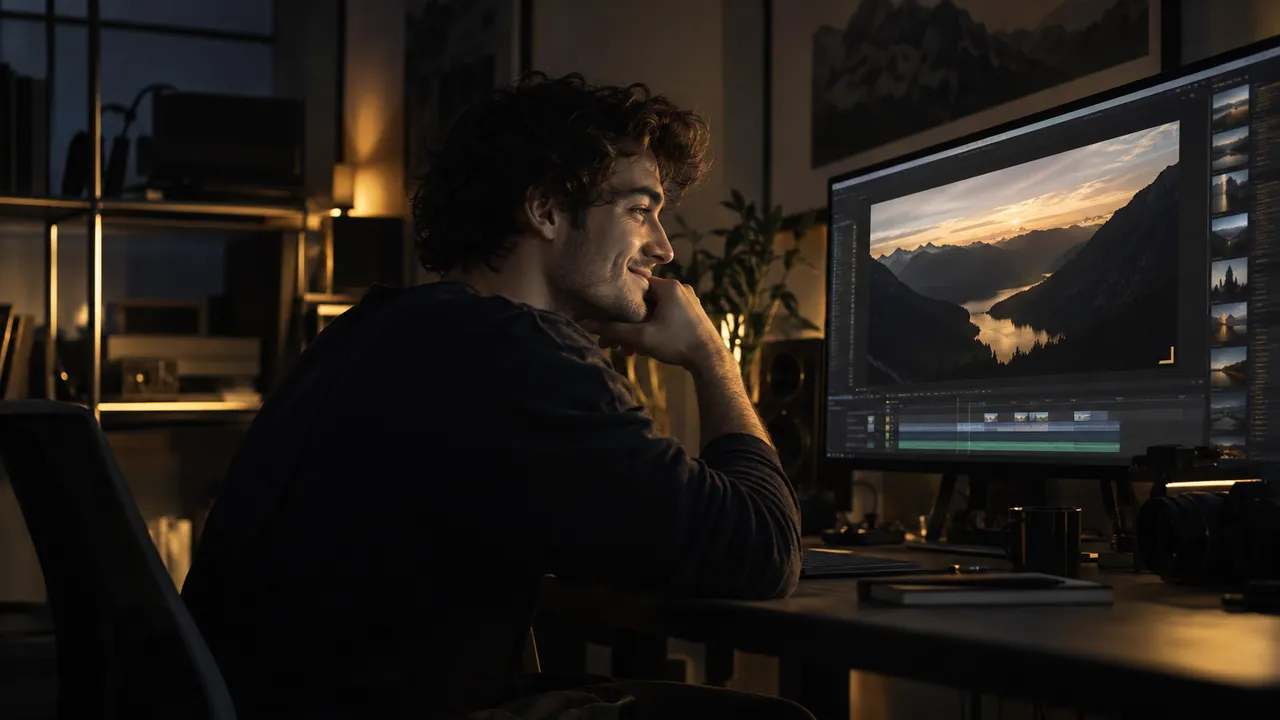 A creator smiles at a finished video on his monitor